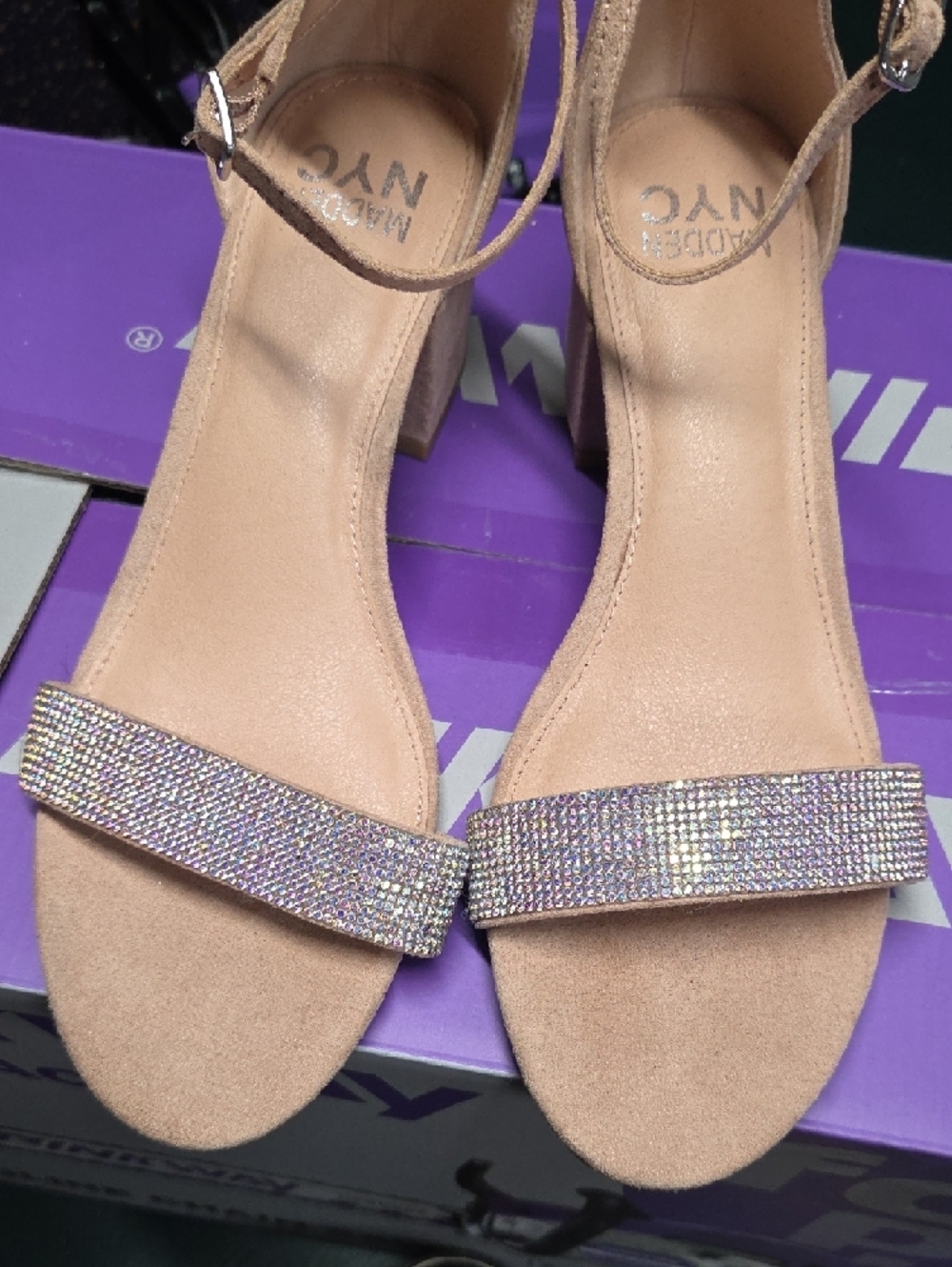 Sparkle Strap Block Heel Sandals in Nude with Ankle Strap - Picture 3 of 5